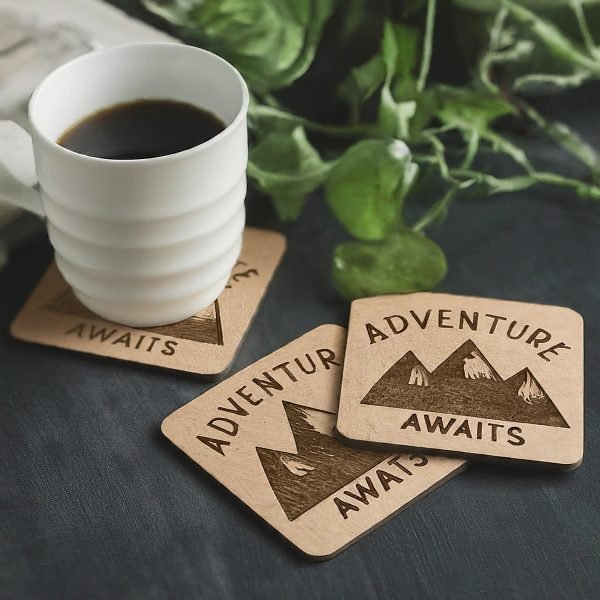 adventure-awaits Engraved Hardwood Coaster Set